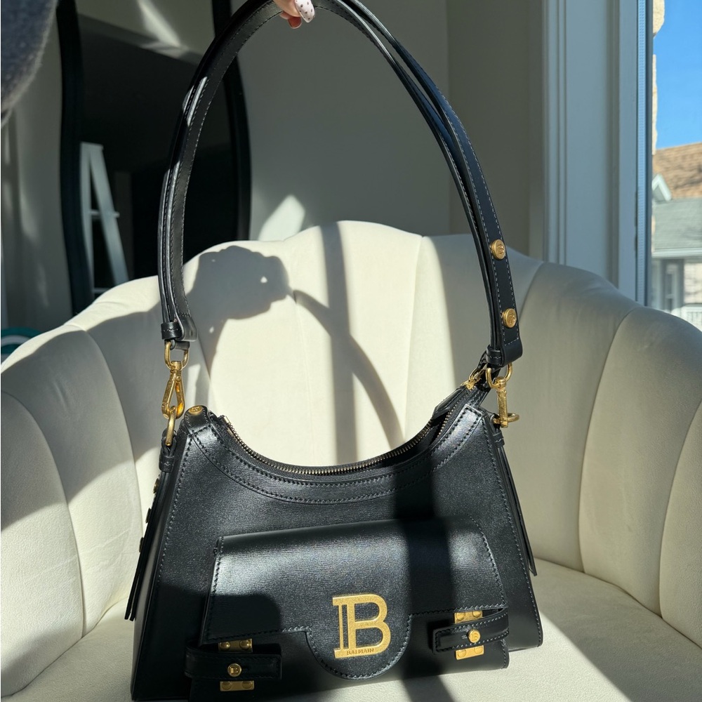 Balmain Black Leather Shoulder Bag with Gold B Logo